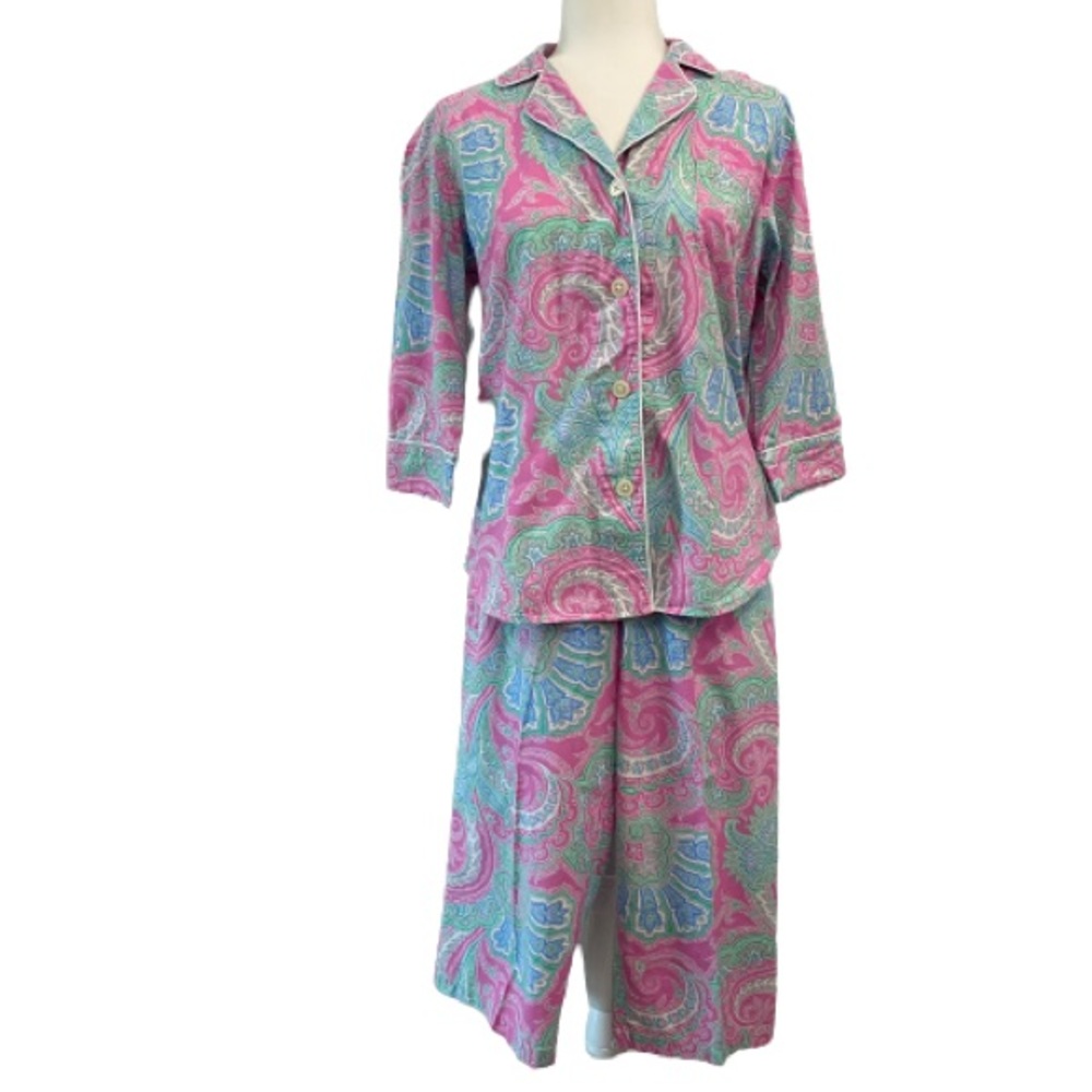 Lauren Ralph Lauren Pink & Blue Paisley Cotton Pajama Set with Green Accents